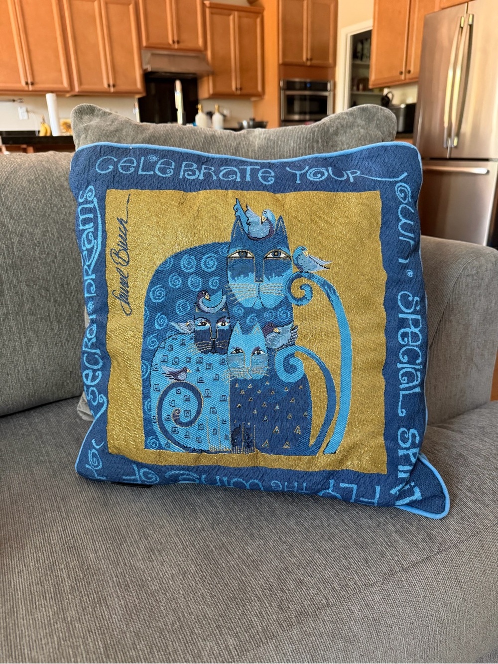 Laurel Burch Blue and Gold Cat Family & Birds Accent Pillow 17 sq